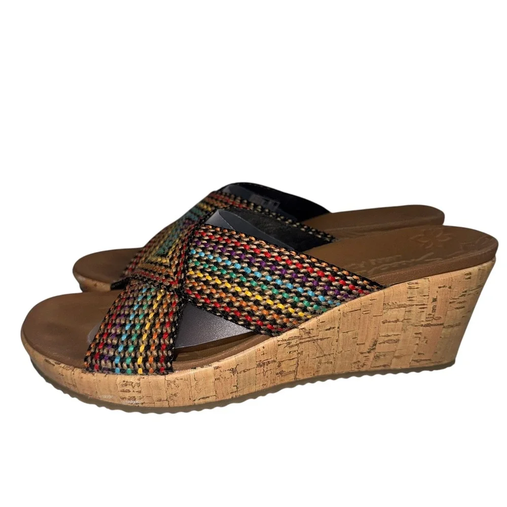 Skechers Luxe Foam Wedge Sandals Women‎ 8 Multi Color Excellent Woven Cork Slide